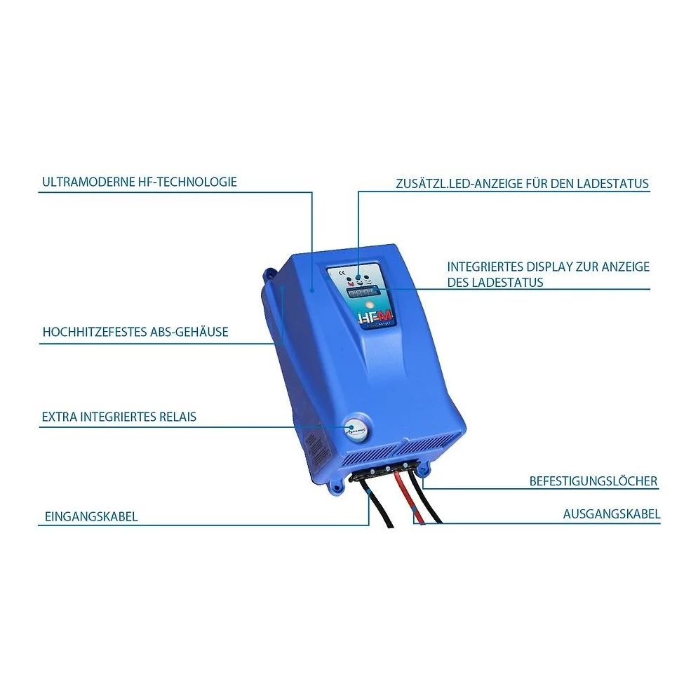 Aquamot HFS Ladegerät mit integriertem Display und LED-Ladestatusanzeige für Bootsbatterien.