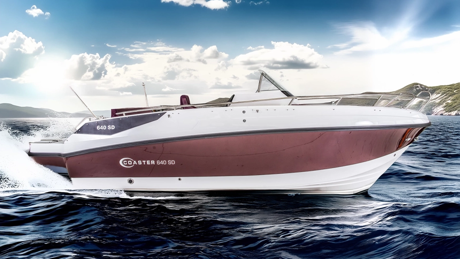 Coaster 640 Sundeck Sportboot auf offener See mit großzügiger Sonnenliege, Kabine und modernem Design.