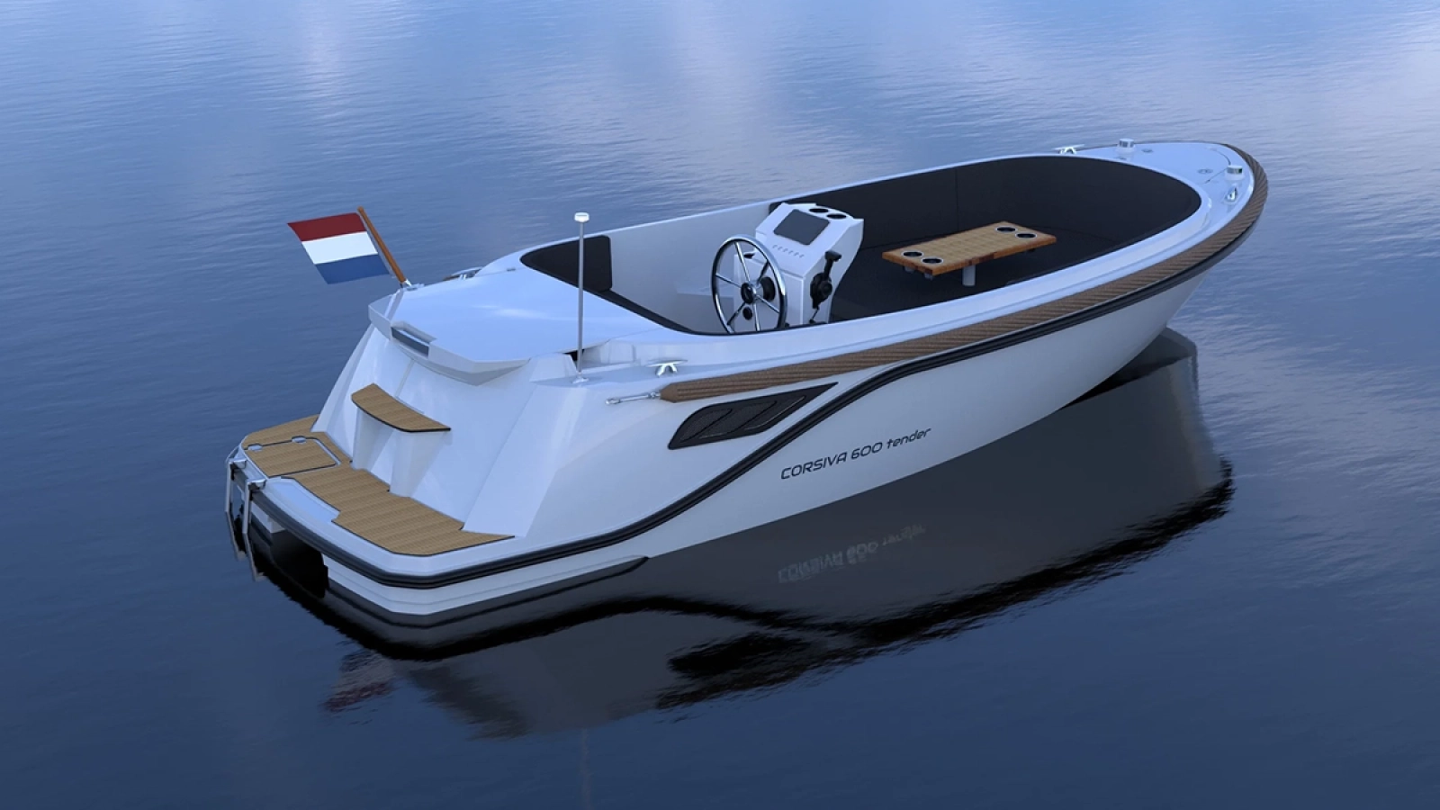 Weiße Corsiva 600 Tender auf ruhigem Wasser mit offenem Cockpit, Steuerstand, Sitzbereich und Badeplattform.