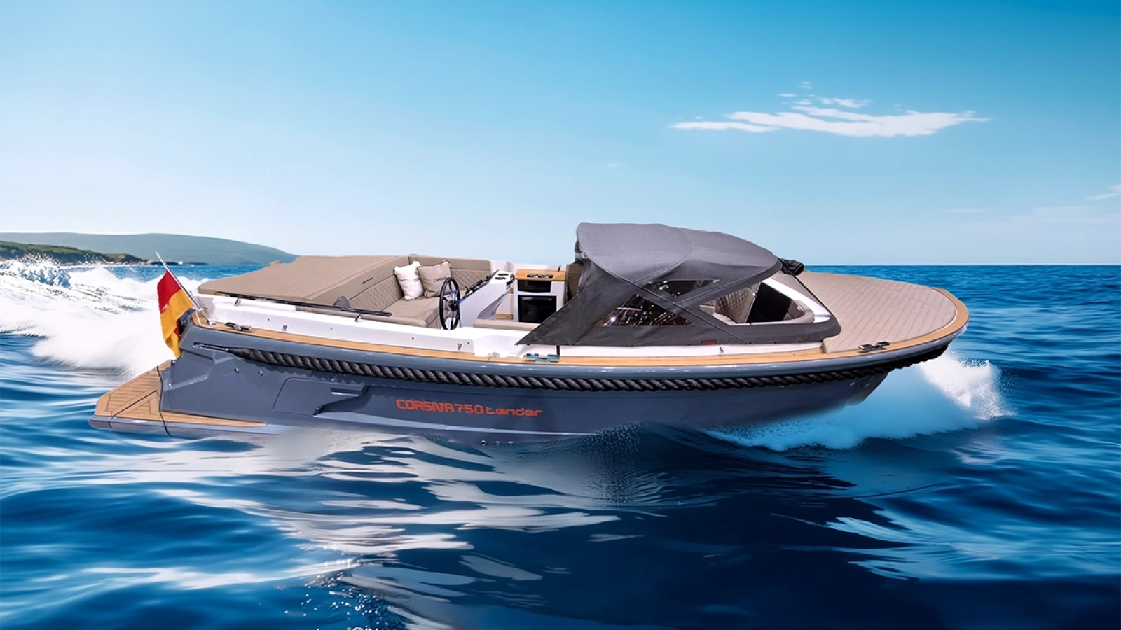 Corsiva 750 Tender auf dem Wasser mit geschlossenem Verdeck – luxuriöses Tenderboot mit großzügiger Badeplattform und modernem Design.